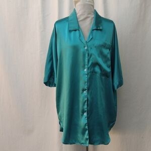 Mervyn's Sabrina Turquoise Button-up Satin Night Shirt S/M